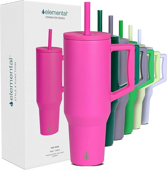 Elemental 40 oz Tumbler with Handle and Straw - Spill Proof Insulated Stainless Steel Commuter for Cold Beverages - Travel Coffee Mug with 2 Straws & Spill Proof Lid - 40oz - Hot Pink
