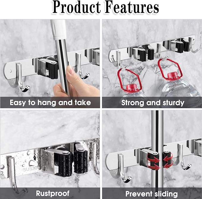 2 Racks and 3 Hooks & Black 5 Racks and 4 Hooks Broom and Mop Holder Wall Mounted Garage Organizer Storage Tool Racks Stainless Steel Heavy Duty Hooks Self Adhesive Solid Non-slip Wall Hangers