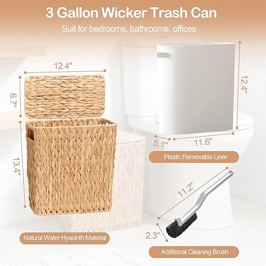 3 Gallon Wicker Trash Can with Lid and Removable Liner, Natural Water Hyacinth Handwoven Bathroom Waste Basket with Brush for Bedroom,Toilet, Living Room, Under Sink, Kitchen (with Brush)