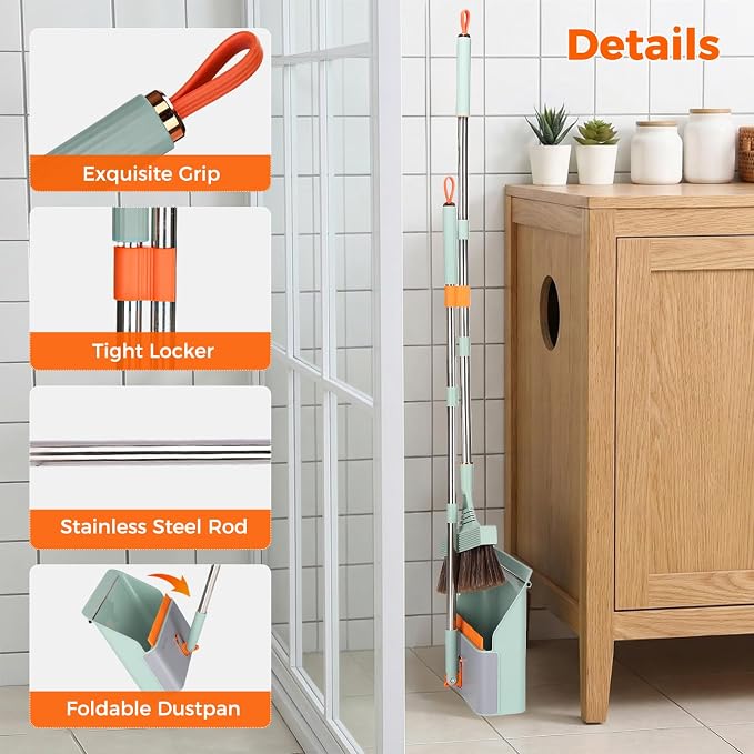 Broom and Dustpan Set with Adjustable Handle, Upright Design, Built-in Comb Teeth, Mint Green, for Home Office Hardwood Floors Pet Hair (Green/Gray)