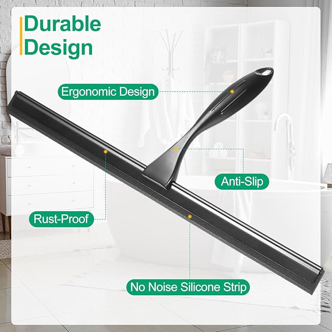 uxcell 14 Inch Shower Squeegee for Glass Doors, Stainless Steel All-Purpose Bath Squeegee with Hooks Holder Square Sticky Hook for Bathroom Window Mirror Car Glass, Black