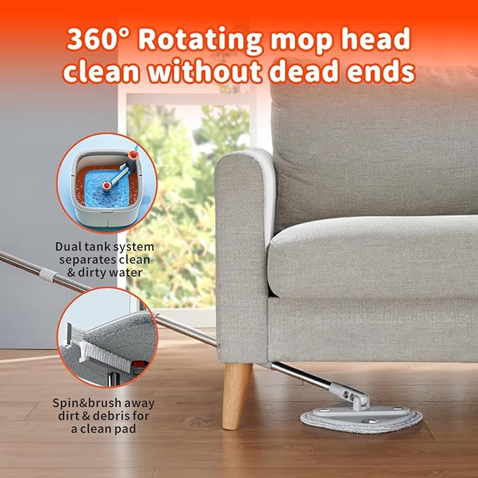 Spin Mop and Bucket with M16 Self Separation Dirty and Clean Water System with 2Pads, Self Wringing 360° Rotating Clean Mop-Head and Bucket Set for Hardwood Tile Marble Floors Mop-Grey