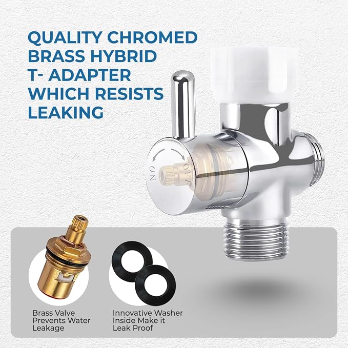 GenieBidet Sparkle Hand Held Bidet. Includes Hybrid T Adapter | Stainless Steel Toilet Hose Sprayer & Precision Knob/w Solid Brass Valve | Toilet Water Sprayer for All Toilets