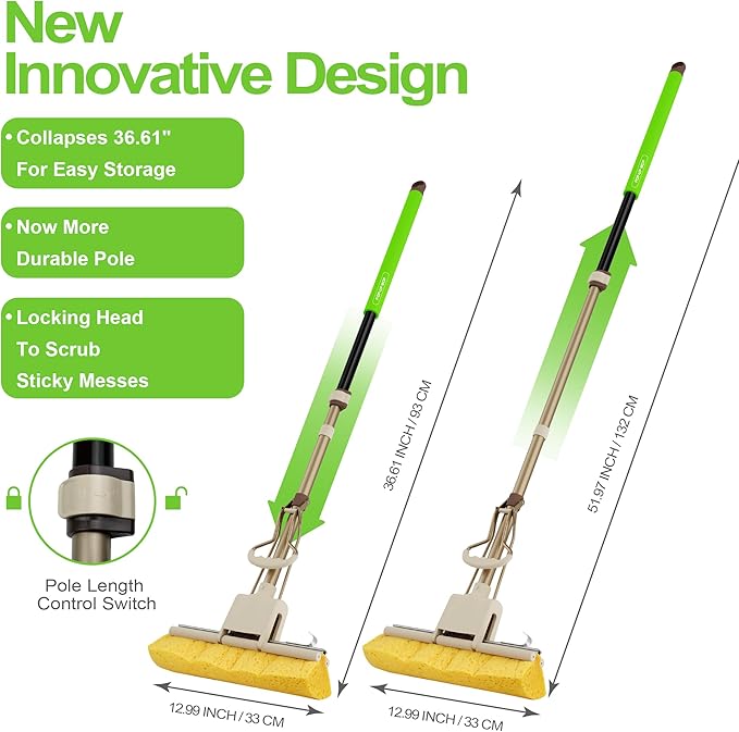LILAC Cellulose Sponge Mop with 2 Replacement Heads, 4-Color Handle Choices for Zoned Cleaning, Super Absorbent Pop Up Roller Mop for Hardwood,Laminate Floors, Heavy Duty Floor Scrubber (Green)
