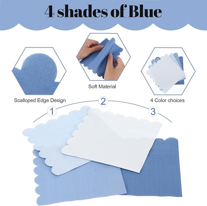 300 Pack Dusty Blue Napkins, 5 x 5 Inch Disposable Scalloped Gradient Blue Cocktail Napkins Thick Beverage Napkin for Wedding Birthday Party Supplies