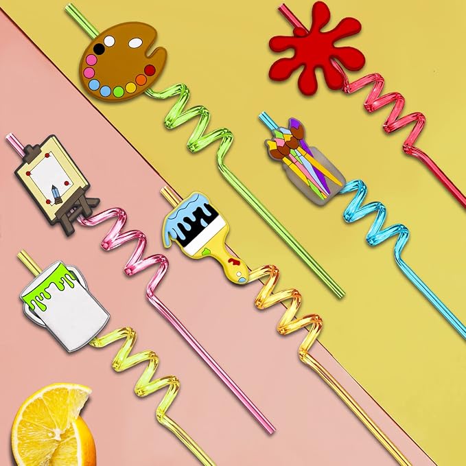 24pcs Art Painting Curly Straws for Cocktail Drink and Brushes Pad Paint Birthday Party Supplies Decorations Welcome Back to School Art Painting Party Favors with 2 Cleaning Brushes 8 Colors Straws