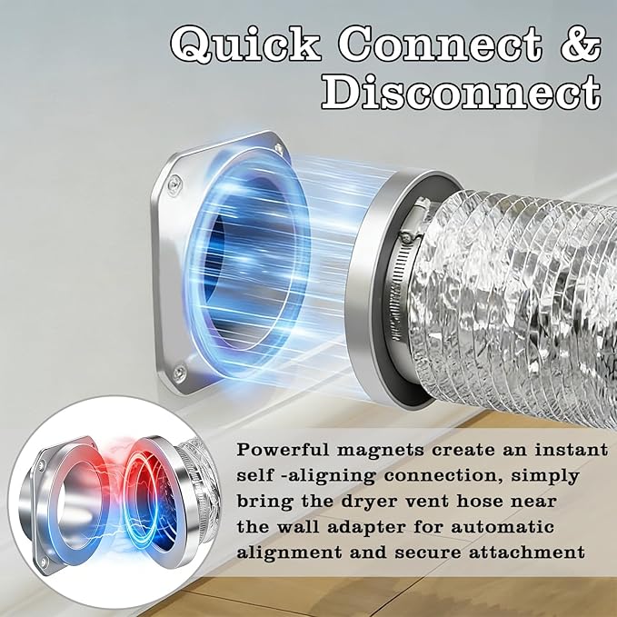 DV180 Magnetic Dryer Vent Coupling, Airtight Seal Dryer Vent Connector Kit, Easy to Clean, Quick Connect/Disconnect, Strong Magnet Self-Alignment, Includes 4" Duct and 2 Clamps