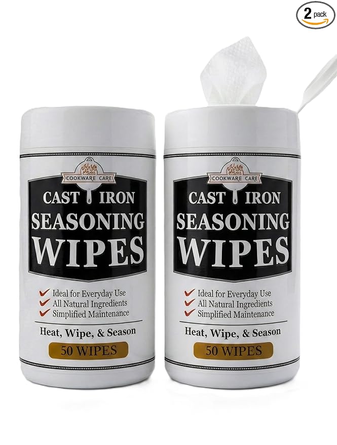 Cookware Care Cast Iron Seasoning Oil Wipes, 100 Wipes, Made in USA with Grapeseed Oil for Cast Iron Skillet, Blackstone Griddle (2 pack)