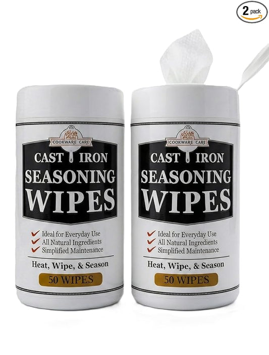 Cookware Care Cast Iron Seasoning Oil Wipes, 100 Wipes, Made in USA with Grapeseed Oil for Cast Iron Skillet, Blackstone Griddle (2 pack)