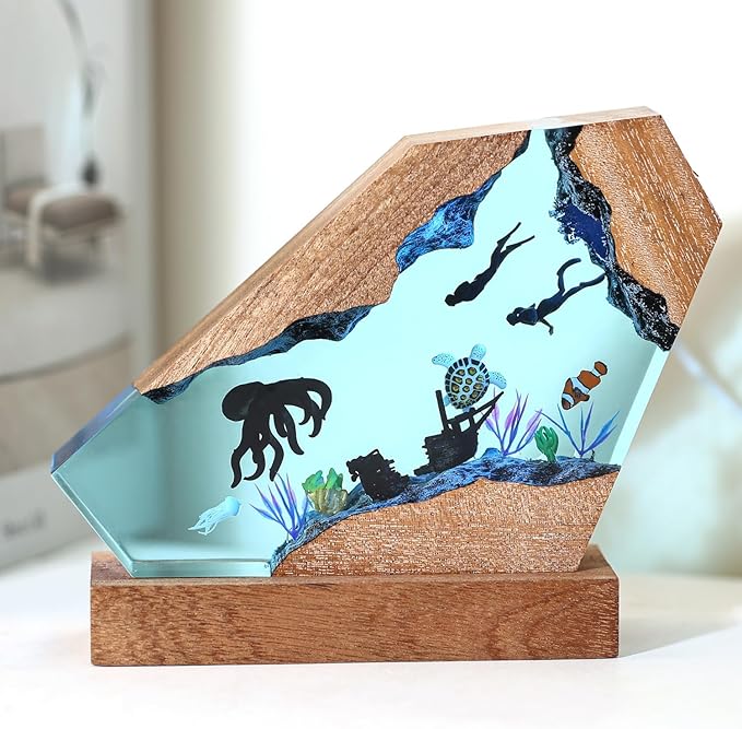 Octopus Ocean Resin Lamp, Handmade Wooden Table Resin Night Light, USB Port Art Ornaments for Home Office Decor, Scuba Diver Gifts for Birthday Holiday, Valentine's Day Gifts for Husband