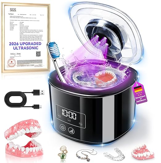 5.0 Upgraded Ultrasonic Retainer Cleaner 300ML【Top1 German Motor】【SGS-Certified 50KHz Ultrasonic & Dual Tech】【4.0 Smart Chip】【Rechargeable】for Denture, Braces, Night Guards, Aligner,Jewelry and More
