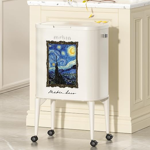 MRBIN Metal Kitchen Trash Can with Wheel Legs, 36L / 9.5gal Medium Press Lid Slim Removable Waste Basket, Pet Proof Tall Narrow Garbage Pail for Vanity, Bedroom, Bathroom, Living Room, Starry Night