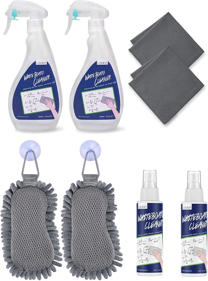 loukin | Non-toxic Whiteboard Cleaner Kit (17 fl oz) 2 Pack & Shag Dry Erase Eraser 2 Pack & Whiteboard Cleaner 2 Pack(3.4 fl oz)