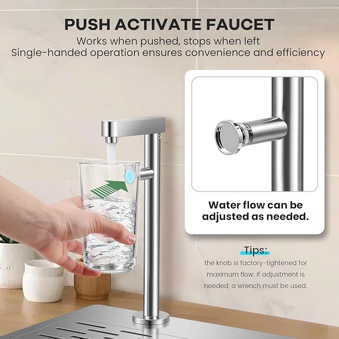 Huanyu Pitcher Rinser with Faucet | 360 Degree Rotating High-Pressure Nozzle | Stainless Steel Glass Rinser with Drain and Drip Tray | Funnel Shaped Sink | 18.11×9.05×11.82 in