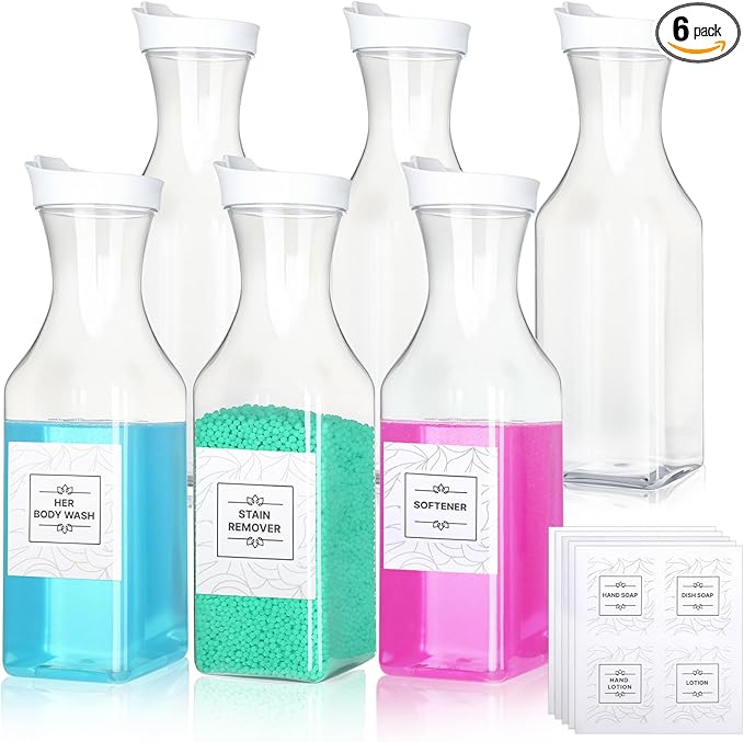 VZZNN 6 Pack Laundry Detergent Dispenser 53 oz Laundry Soap Dispenser with 20 Label Laundry Room Organization for Liquid Powder Bleach Scent Booster Beads