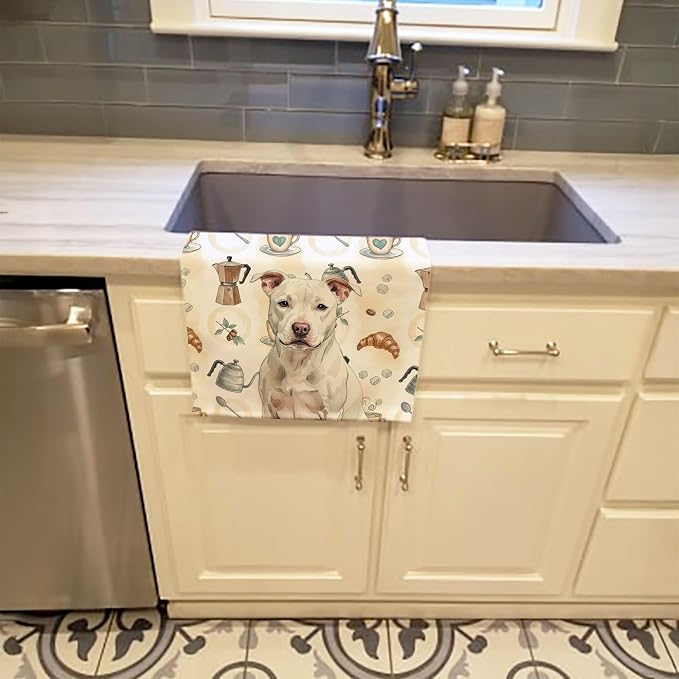 Caroline's Treasures White Staffordshire Bull Terrier Coffee Bar Kitchen Towel Velour Plush Front and Cotton Loop Back Machine Washable
