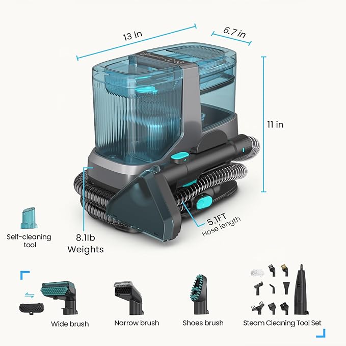 Portable Steam Carpet Cleaner, 203°F High Temp Steam & 18Kpa Suction, Deep Stain Removal & Sanitization, Spot Cleaner for Pets, Kids, Home Upholstery, Sofa, Stairs & Car Detailing