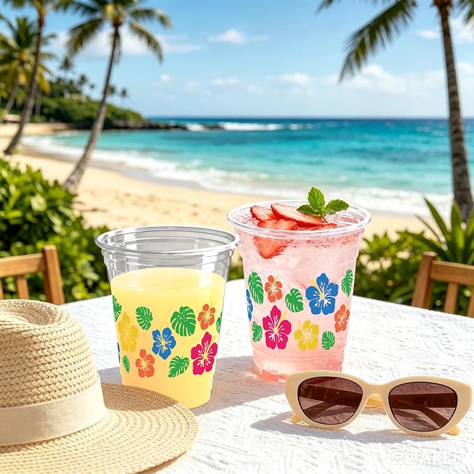 100 Pack Hawaii Hibiscus Flower Plastic Cups 12 oz Colorful Tropical Flower Disposable Cup Drinking Cold Beverage Cup for Summer Beach Luau Aloha Birthday Party Supplies