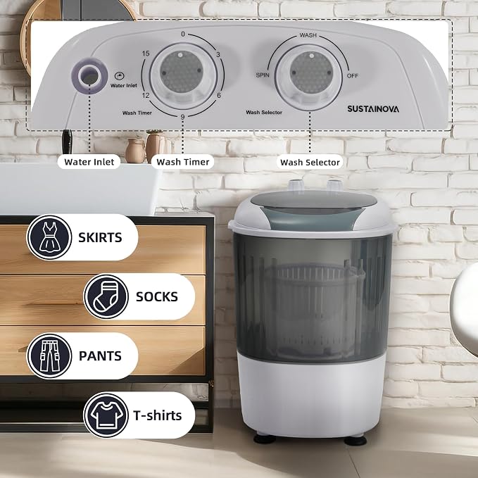 Elevon Mini Spin Dryer Portable Washing Machine, Compact Laundry for Home, Apartment, RV, Gray