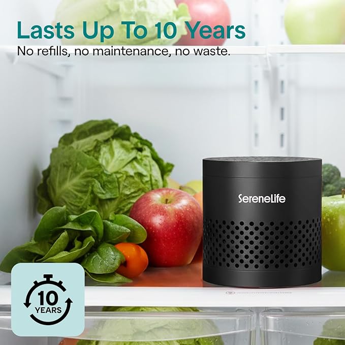 SereneLife Fridge Deodorizer & Odor Eliminator, Multi-Use Refrigerator Deodorizer Aluminum Pod for Freezer, Closet, Car, Shoes & Enclosed Spaces, Compact, Reusable & Lasts Up to 10 Years (Black)