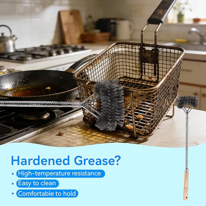 4-Piece Professional Deep Fryer Cleaning Kit - Commercial Stainless Steel Set with Dual-Layer Basket Brush, 3-in-1 Grill Scraper, L-Shape Brush & Drain Wand