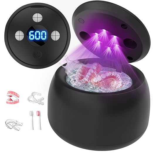Ultrasonic Retainer Cleaner Machine, 45kHz Denture Dome with UV Light,Dental Cleaning POD for Aligners, Mouth Guards, Night Guards, Toothbrush,Jewelry,200ML Capacity (Black)