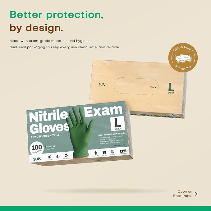 SUP Nitrile Exam Gloves, Powder-Free Latex-Free Food Non-Sterile Safe Cooking Cleaning Disposable Medical Glove, Green 1000Ct