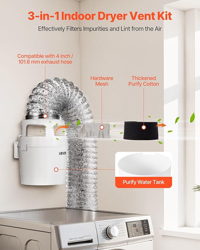 VEVOR 3-in-1 Indoor Dryer Vent Kit, with Bucket for Electric Dryer with 4-Inch by 5-Feet Extendable Exhaust Hose, Premium Quality & Light Weight & No Extra Accessories Required for Apartments, RVs