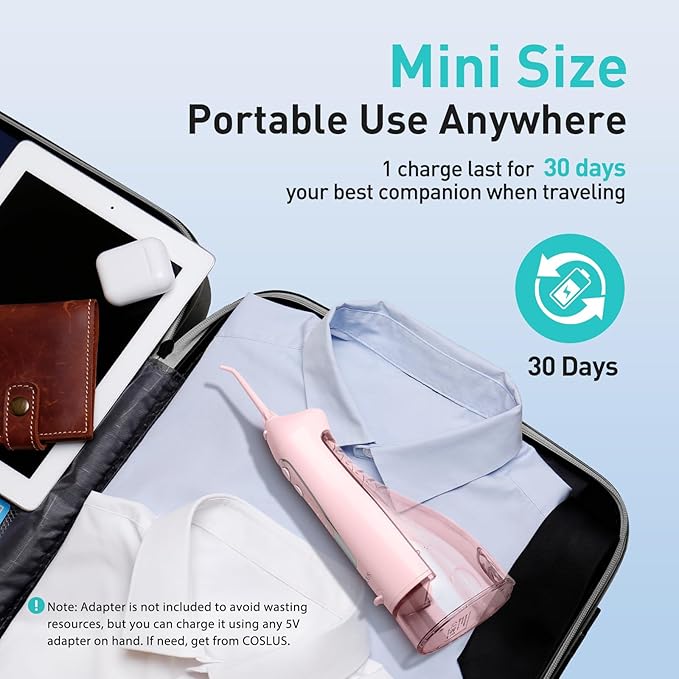 COSLUS Water Dental Flosser Teeth Pick C20: Portable Cordless Oral Irrigator 300ML Rechargeable Travel Irrigation Cleaner IPX7 Waterproof Electric Flossing Machine for Teeth Cleaning, Pink
