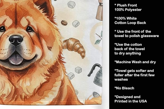 Caroline's Treasures Red Chow Chow Coffee Bar Kitchen Towel Velour Plush Front and Cotton Loop Back Machine Washable