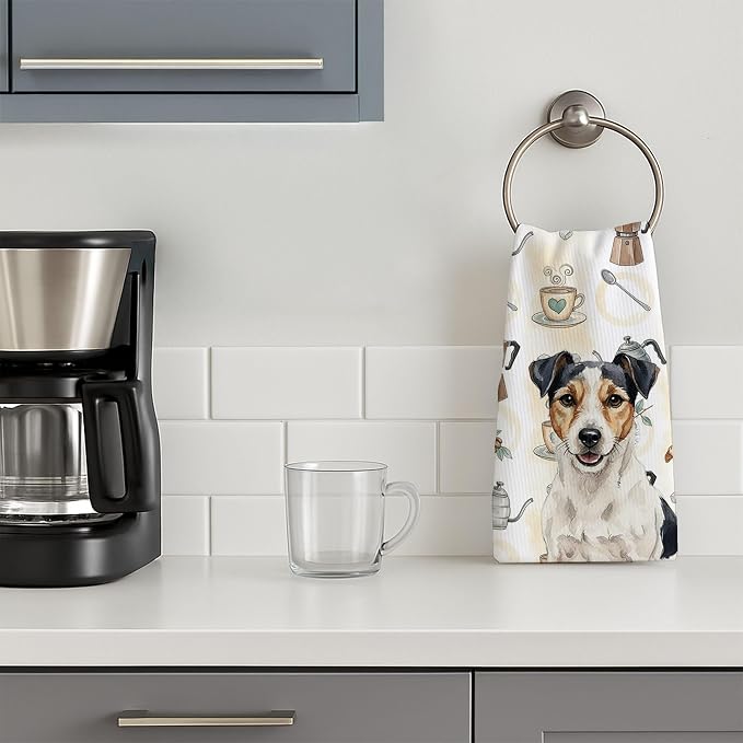 Caroline's Treasures Parson Russell Terrier Coffee Bar Kitchen Towel Velour Plush Front and Cotton Loop Back Machine Washable