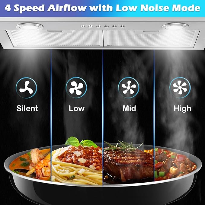 ONEEON 24" Range Hood Insert, 500CFM Stainless Steel Built-in Kitchen Vent, 4-Speed Exhaust Fan, Dishwasher-Safe Baffle Filters, LED Lights & 3-Min Delayed Shutdown.