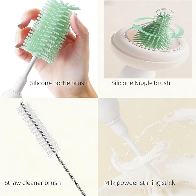 Portable Electric Silicone Bottle Brush Set, 7-in-1 UV Light USB Charging, Nipple/Straw Cleaner, Milk Mixer, Built-in Drying Rack & Storage Case, BPA-Free, IPX7, On-the-Go for New Parents (Mint)