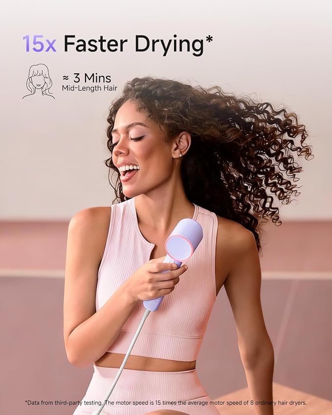 Laifen Air Hair Dryer, Lightweight and Palm-Sized Compact, 15× High-Speed Drying with 110, 000 RPM Powerful Motor, Smart Temperature Control, 200 Million Negative Ions, 5 Modes & 2 Airspeeds, Purple