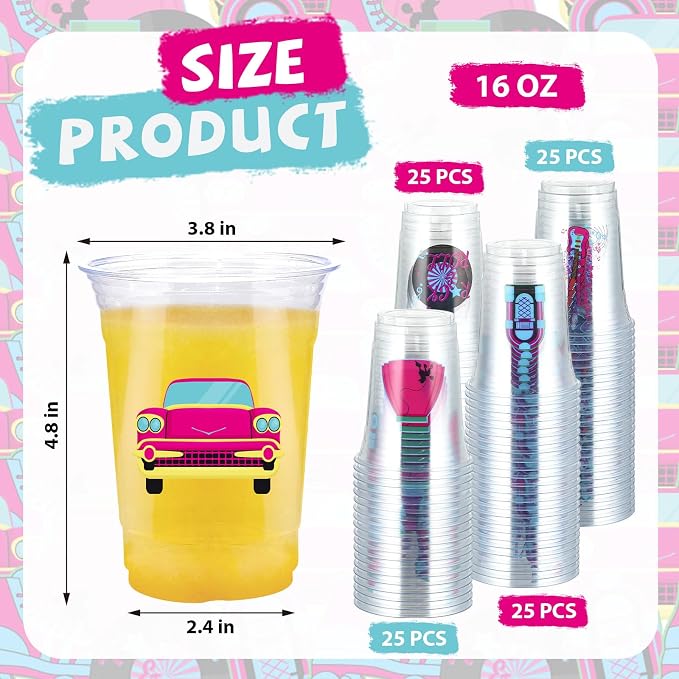 100Pcs 1950s Plastic Cups 16 oz 50s Rock and Roll Disposable Cups 50's Retro Music Plastic Tumblers for 1950s Music Rocking Hip Hop Birthday Party Supplies Beverage Drinking