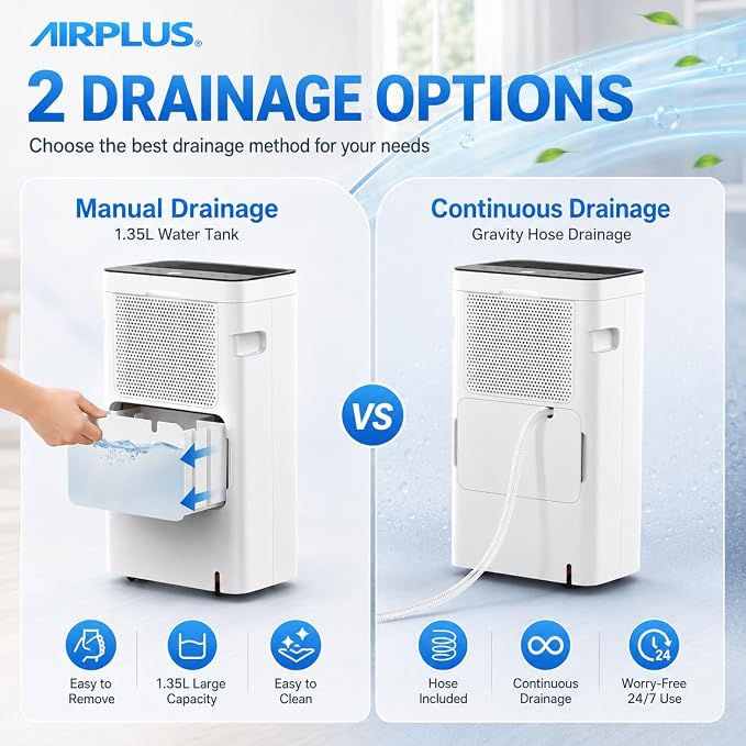 AIRPLUS 1600 Sq Ft Dehumidifier for Home and Basement, 30 Pint Portable Dehumidifiers with Drain Hose for Large Room, Quiet Sleep Mode Dehumidifier for Bedroom, RV De humidifier for Inside Camper