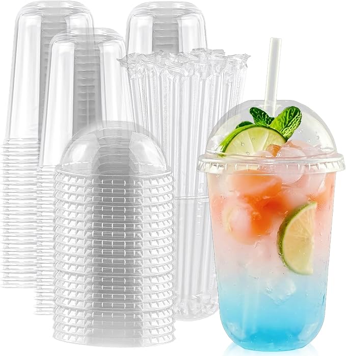 Qsqwsuye 50 Set 16oz Disposable Clear Plastic Cup with Lids and Straws, Sturdy & Food Safe Iced Coffee Cups, Plastic Cold Drinks Cups for Smoothie, Milk Tea, Assorted Beverages Party Supplies