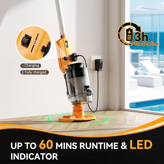 Cordless Pool Vacuum with Telescopic Pole, Powerful 30 GPM Suction, Advanced Dual Filtration, Replaceable Battery, Handheld Rechargeable Pool Cleaner for Above Ground and Inground Pools, Orange