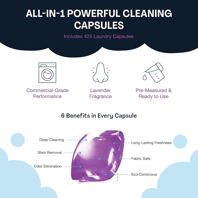 PowerPax Power Pellets Laundry Detergent Capsules, Lavender, 425 Count – Stain Remover, Odor Eliminator, Color Protection and Fabric Softener for Everyday Laundry Cleaning