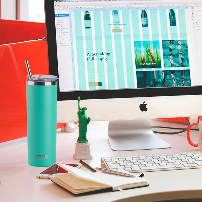 koodee 20 oz Stainless Steel Skinny Tumbler Double Wall Insulated Slim Water Tumbler Cup with Lids, Straws and Straw Brushes (Teal)
