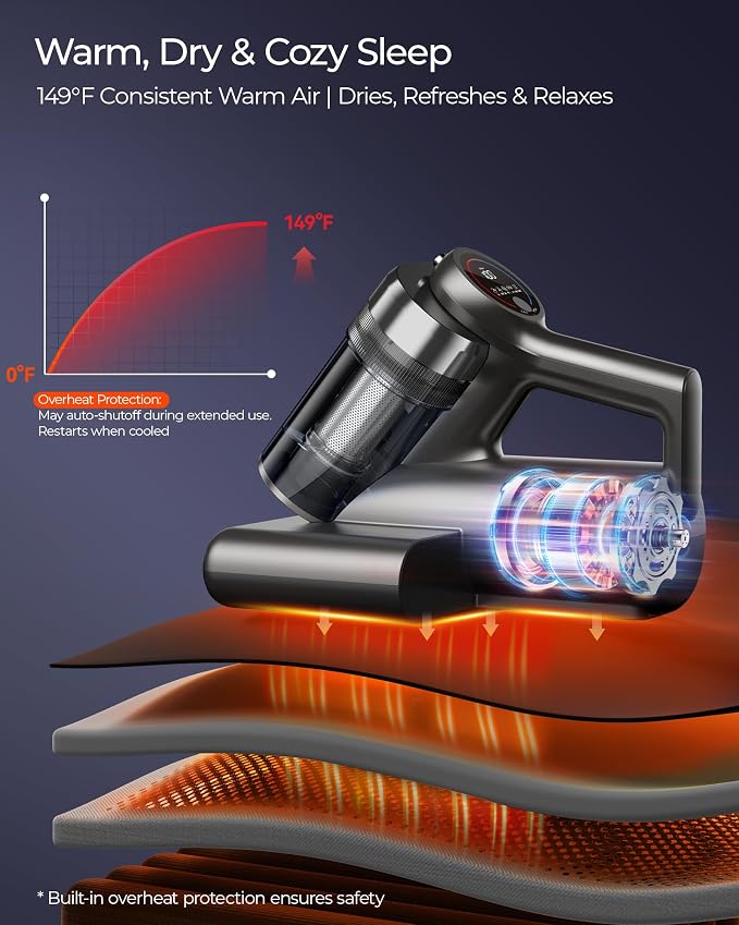 Teant Upgrade Cordless Mattress Vacuum with 18kPa Ultra-Deep Suction, 2-Speed Bed Vacuum with 33000 RPM/Min Roller Brush, 253.7nm UV-C Light & LED Display, HEPA, 149℉ Heat, Aroma & Anion for Bed Sofa
