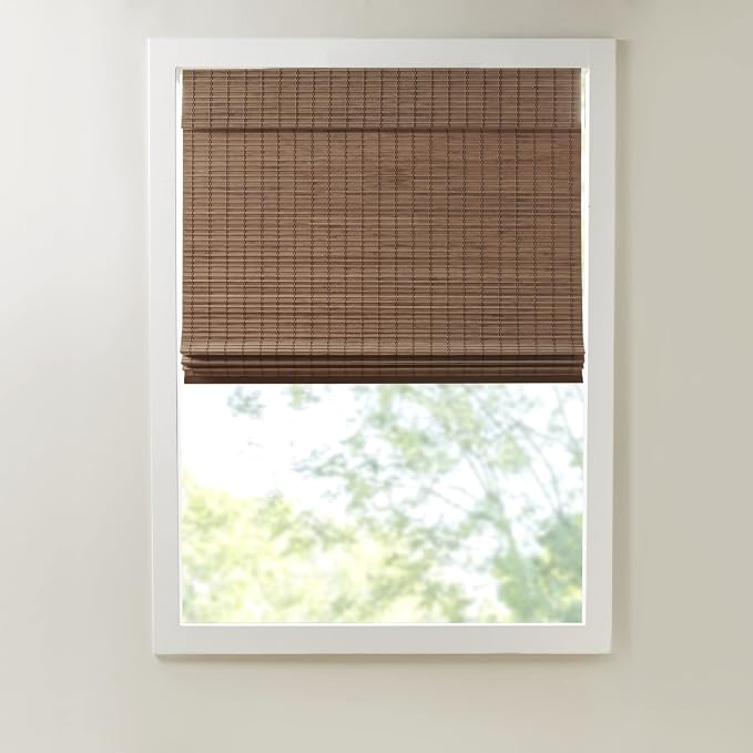 Madison Park Eastfield 100% Bamboo Cordless Roman Shades-Woven Wooden Privacy Panel, Light Filtering Easy Installation Window Blind Treatment, Bedroom, Living Room Decor, 27" W x 64" L, Teak