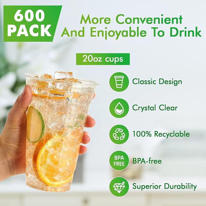 Lilymicky 600 Pack 20 oz Clear Plastic Cups, PET Disposable Drinking Cups, Crystal Clear, Perfect for Ice Coffee, Smoothie, Soda, or Any Cold Drinks