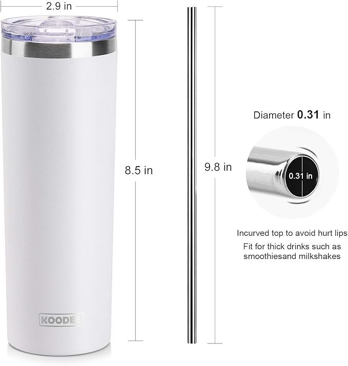 koodee 20 oz Skinny Tumbler Stainless Steel Double Wall Insulated Water Tumbler Cup with Straw, Slim Travel for Women/Men Diy Birthday Gift (White)