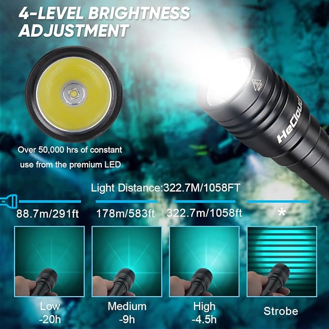 2 Pack Scuba Diving Flashlight with Rechargeable Power Dive Light Torch 3000 Lumens Underwater 328ft IPX8 Waterproof 4 Modes Safety Light with USB Charger for Submarine Deep Sea Snorkeling
