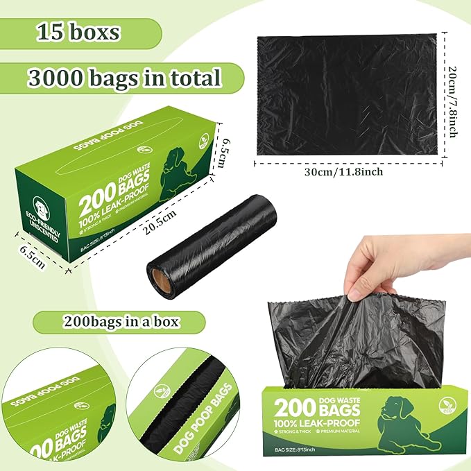 Sherr 15 Boxed Rolls 3000 Counts Dog Poop Bags Bulk Leak Proof Dog Doggy Poop Pet Waste Bags for Puppy Pets Outdoor Walking and Travel