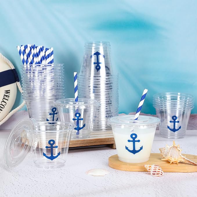 Whaline 100Pcs 9Oz Nautical Disposable Plastic Cups with Lids and Straws Blue Anchor Cold Beverage Drinking Cups for Iced Coffee Smooth Juice Tea Milkshake