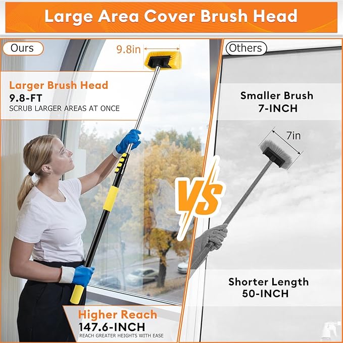 Car Wash Brush,12FT Car Wash Brush with Long Handle, Car Cleaning Brush 10-Inch Soft Bristles, 3-12Foot Telescopic Pole for Scratch-Free Cleaning Truck,RV, Boats,House Siding,Floors,Solar Panels