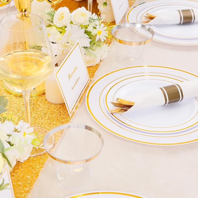 DaYammi 350PCS Gold Plastic Dinnerware Set for 50 Guests, Fancy Disposable Plates for Party, Include: 50 Dinner Plates, 50 Dessert Plates, 50 Pre Rolled Napkins with Gold Silverware, 50 Cups