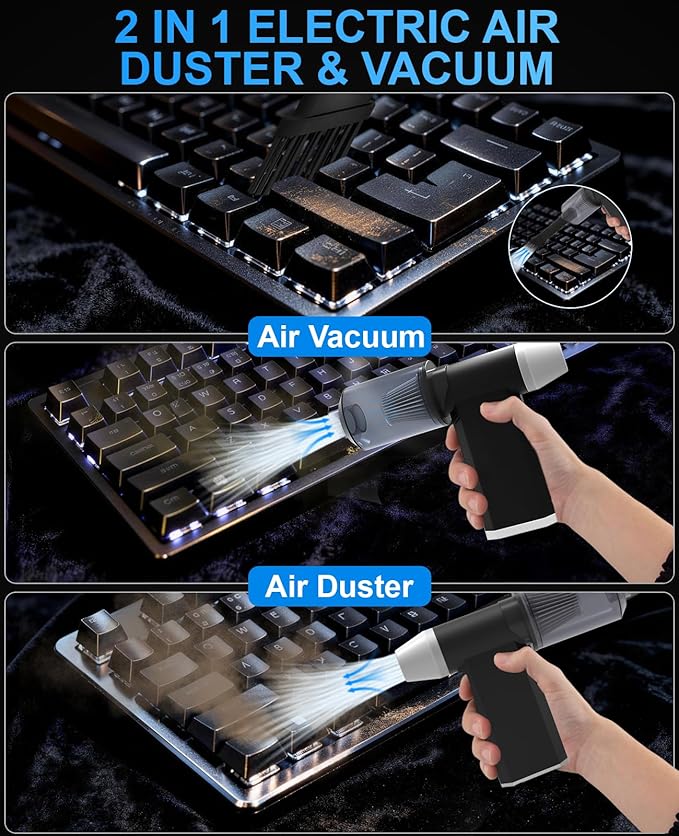2 in1 Compressed Air Duster and Vacuum, 150000 RPM Powerful Cordless Electric Air Duster, 4 Gear Adjustable Mini Handheld Blower, Rechargeable Car Vacuum for Computer,Keyboard,Electronic,Home,Outdoor